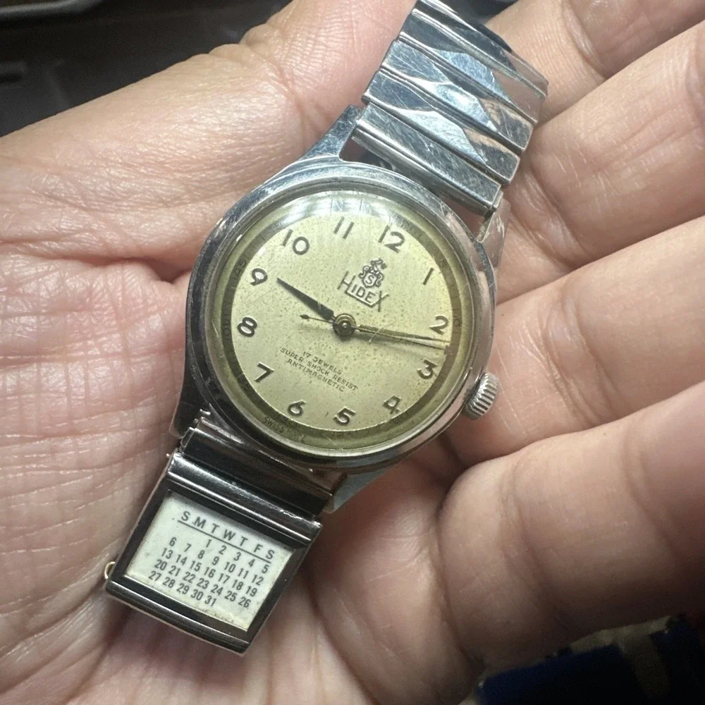 Working VTG HideX CALENDAR Swiss‎ 17 Jewels Manual Wind Mens Watch 30mm Fit 7in